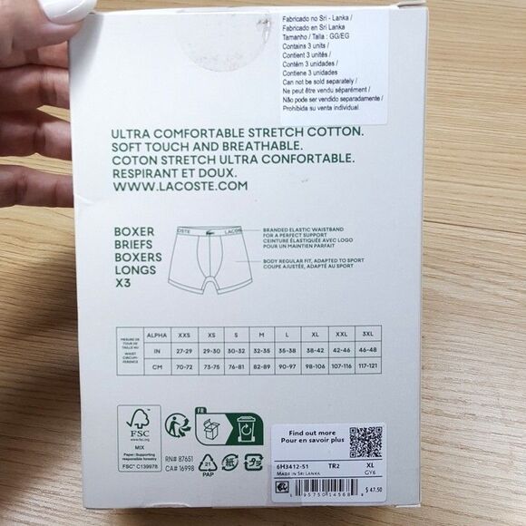 LACOSTE Boxer Briefs Mens XL Black Red White 3-Pack Cotton Stretch Comfort Logo - Picture 4 of 5